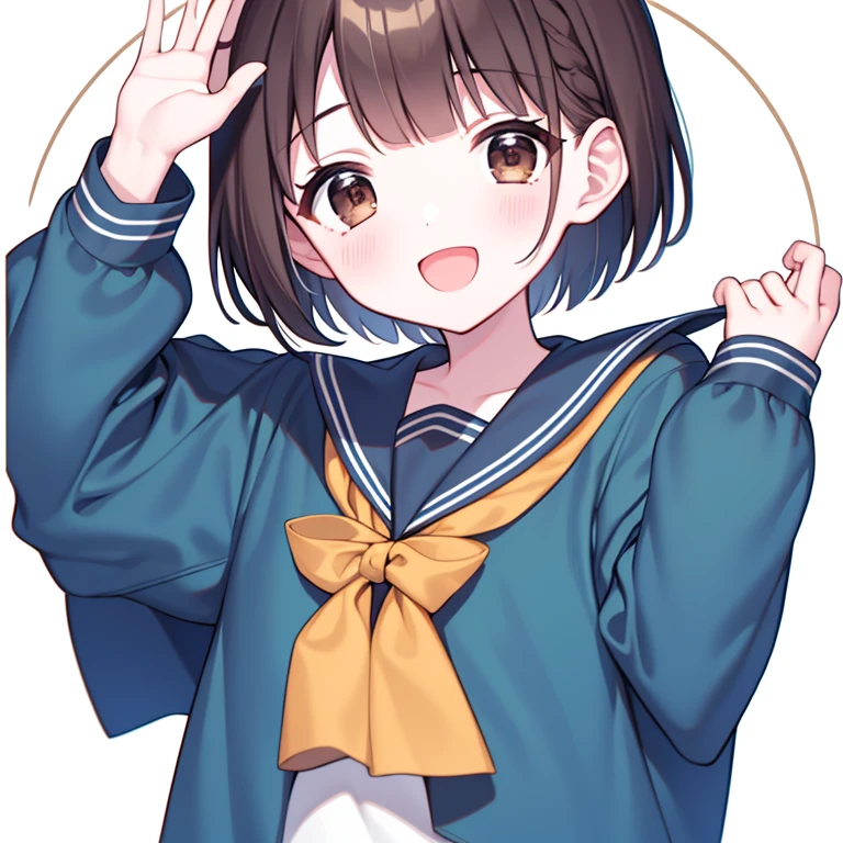 circleい画像, Colorful Head Township, 1 boy, alone, handsome hair, open your mouth, smile, circleい画像, circle, brown hair, looking at the audience, :d, raised his hand, blush, sailor collar, brown eyes, bangs, short hair, long sleeve, Little, school uniform, shirt, light green shirt, blunt bangs, serafuku, Upper body, white background, simple background