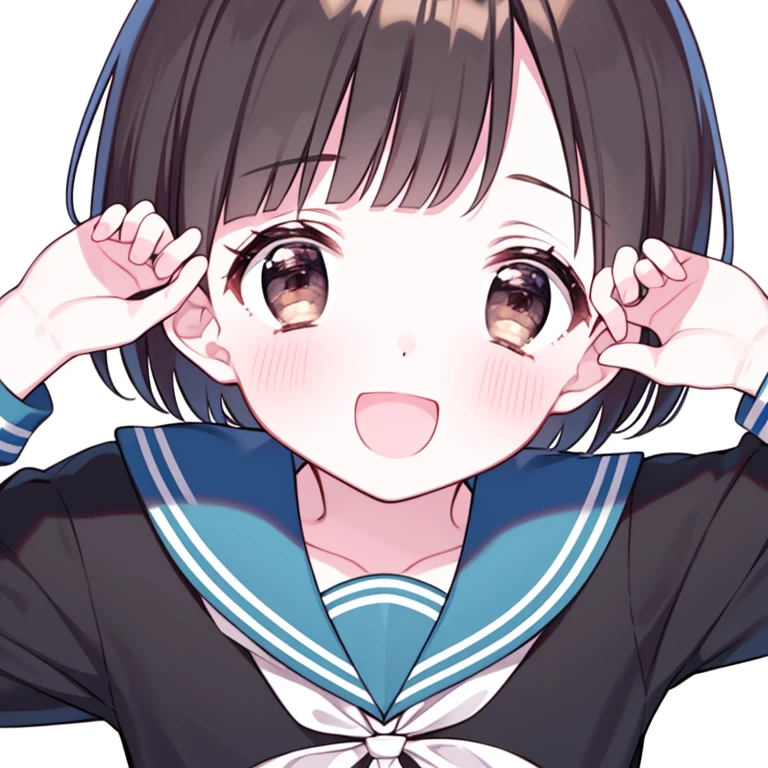 circleい画像, Colorful Head Township, 1 boy, alone, handsome hair, open your mouth, smile, circleい画像, circle, brown hair, looking at the audience, :d, raised his hand, blush, sailor collar, brown eyes, bangs, short hair, long sleeve, Little, school uniform, shirt, light green shirt, blunt bangs, serafuku, Upper body, white background, simple background