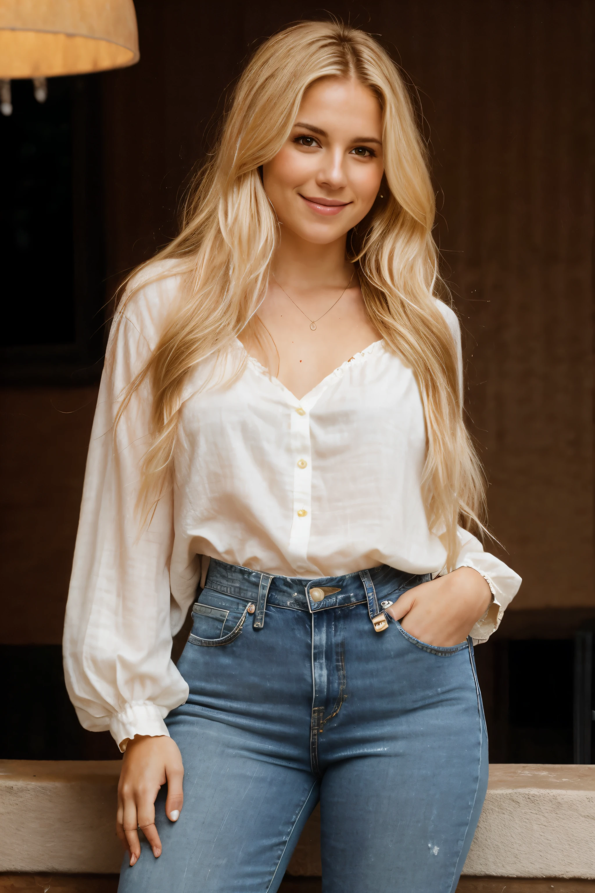 A 23-year-old blonde woman, ((pechos grandes)), ((hiperrealismo)), blonde hair with light brown roots. cabello rubio, Hair with brown roots, cabello extra largo, cabello muy largo, really long hair, Beautiful, Front view, photo taken with HD camera, elegant tiered blouse, blue jeans, jazz cafe scene, warm cozy luxurious ambience, sunset, HD photo, high quality, HD, huge breasts, shy smile, ultraHD, full body view