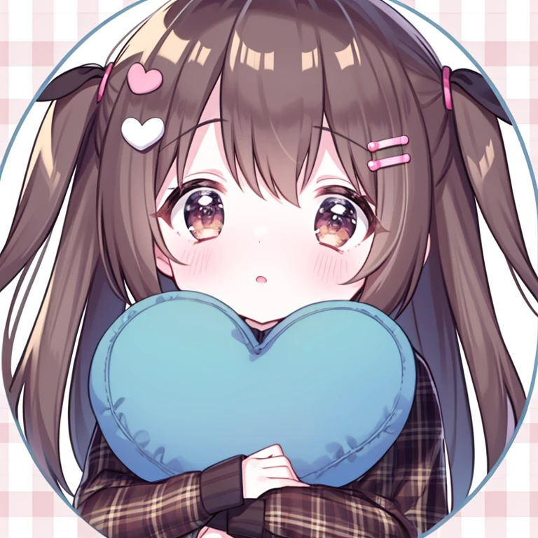 round image, caizi touxiang, 1 girl, heart, alone, hair ornaments, Virtual YouTuber, pupil in the shape of a symbol, Ahoge, brown hair, heart-shaped pupils, stuffed toy, long hair, Plaid, blush, 動物のstuffed toy, bangs, brown eyes, shirt, holding, overview, heart Ahoge, white overview, holding stuffed toy, stuffed toyバニー, Plaid shirt, Upper body, collared shirt, Little, parted lips, rabbit hair ornaments, looking at the viewer, long sleeve, simple background, shine, Patterns that don't move, hair clip