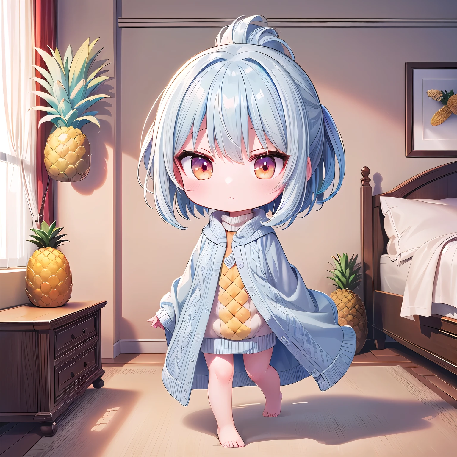 (Chibi, Pineapple, one girl: 1.4), (Masterpiece, almond-shaped eyes, glossy white-blue hair, short chignon hair, top quality, carefully drawn fingertips, beautiful anatomy,, full body : 1.4), (Tasteful Colored pencil hand-drawn picture: 1.3), (Red cheeks, indifference, no expression, hair blowing in the wind: 1.2), (Slim and warm clothes, baggy clothes, fluffy sweater one piece, Celebrity Lifestyle, poncho ,bere foot: 1.2), (Elegant Holy morning: 1.3), (very spacious bedroom, ornamental plants, Pineapple Building, super gorgeous live view :1.3)