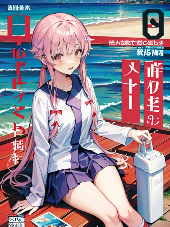 (Magazine Cover:1.7),from below:1.3,Focus on the groin、((masterpiece, highest quality:1.3)),cowboy shot,20 year old beauty,solo,((very small head)),((long body)),pink hair,long hair,pink eyes,bangs,white headphone,medium breasts,slender body,skinny,shiny skin,oily skin,sweat,wet,shy、drooling,Love juice、standing,Blue and white striped bikini、bra、navel、panties、egg type vibrator,beach、Ocean、sunny、