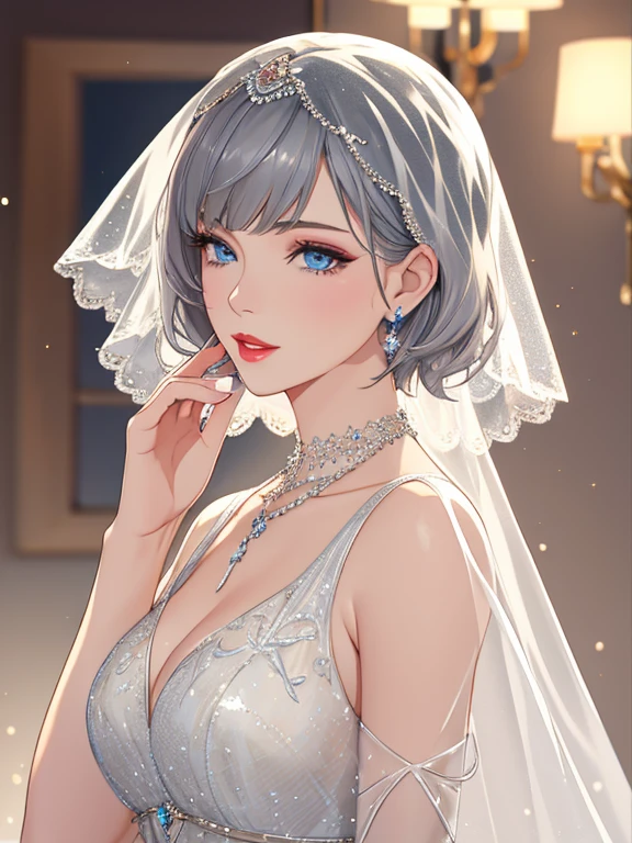 (best quality), ((masterpiece)), (highres), illustration, original, extremely detailed,1girl, solo, short hair, jewelry, blue eyes, parted lips, looking at viewer, upper body, see-through, hand up, bangs, artist name, gem, necklace, grey hair, red lips, blurry, from side, lips, dress, light particles, makeup, earrings, veil