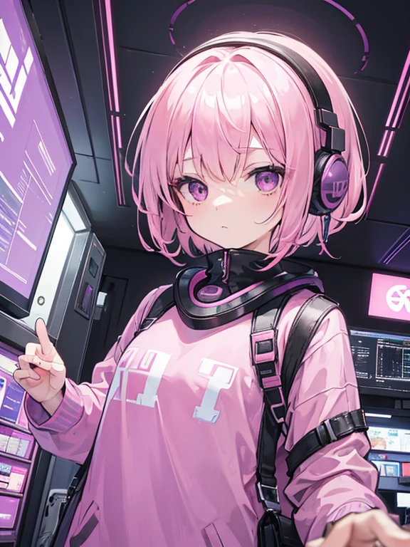 masterpiece, very detailed, super detailed, alone, (girl), , short hair, pink hair, purple eye, Flat expression, lackluster, sloth, sleepy, modern clothes, programmer, hacker, cute, Pink Teddy Bear, Science fiction, Atmosphere of the future, hair ornaments, , headphones