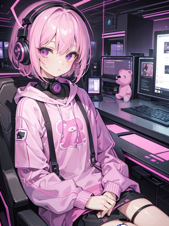 masterpiece, very detailed, super detailed, alone, (girl), , short hair, pink hair, purple eye, Flat expression, lackluster, sloth, sleepy, modern clothes, programmer, hacker, cute, Pink Teddy Bear, Science fiction, Atmosphere of the future, hair ornaments, , headphones