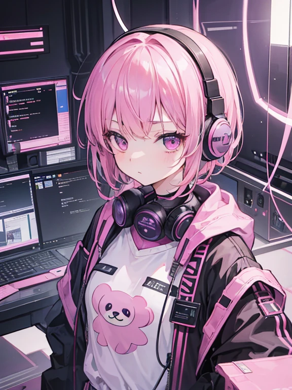 masterpiece, very detailed, super detailed, alone, (girl), , short hair, pink hair, purple eye, Flat expression, lackluster, sloth, sleepy, modern clothes, programmer, hacker, cute, Pink Teddy Bear, Science fiction, Atmosphere of the future, hair ornaments, , headphones