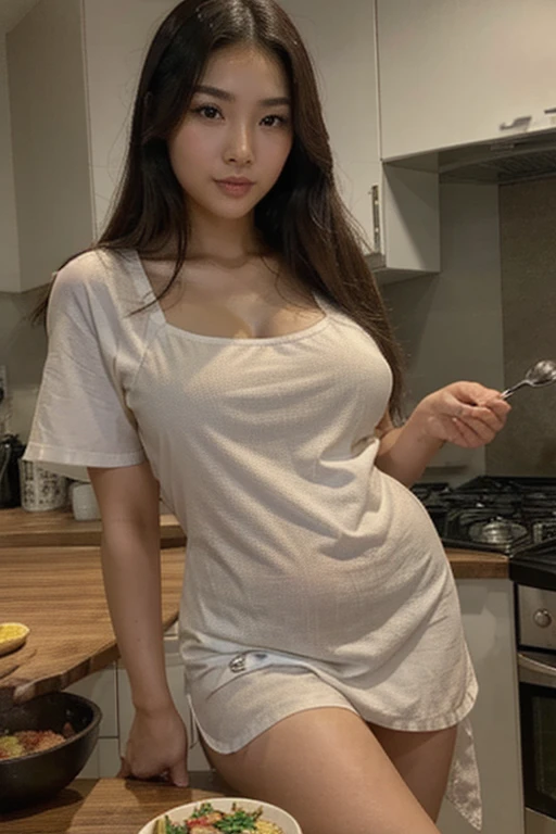 a close up of a woman in a cooking apron for a picture, asian woman, beautiful asian woman, japanese goddess, photorealistic perfect body, asian hyperdetailed, seductive. highly detailed, gorgeous chinese model, beautiful asian woman, asian, asian woman, chinese girl, with dark complexion, korean girl, very sexy outfit, revealing outfit, holding a plate of toast with eggs and bacon on it