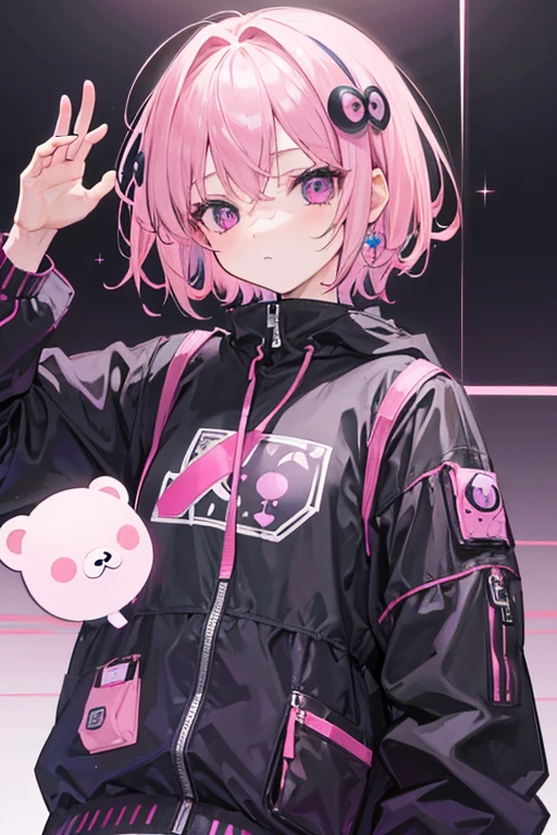 masterpiece, very detailed, super detailed, alone, (girl), , short hair, pink hair, purple eye, Flat expression, lackluster, sloth, sleepy, modern clothes, programmer, hacker, cute, Pink Teddy Bear, Science fiction, Atmosphere of the future, hair ornaments