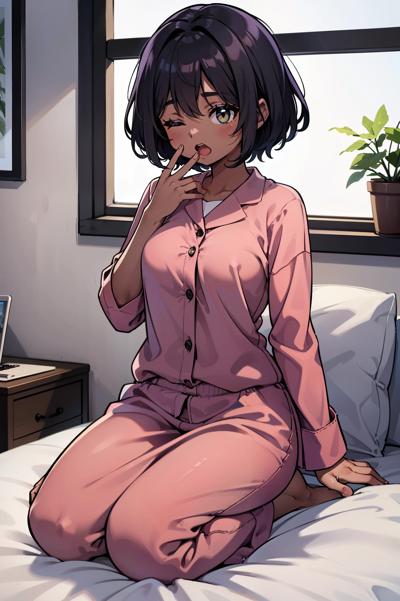 1girl, solo, medium breasts, dark skinned female:1.2, ,(dark skin:1.8), black hair, short hair, pixie cut, wavy hair, amber eyes, one eyes closed, wake up yawn, open mouth, covering mouth, pijamas, (white pijamas), window, morning, looking at viewer, sitting, seiza, waking up, on bed, full body,  ((ultra detailed, masterpiece, best quality, 8k))
