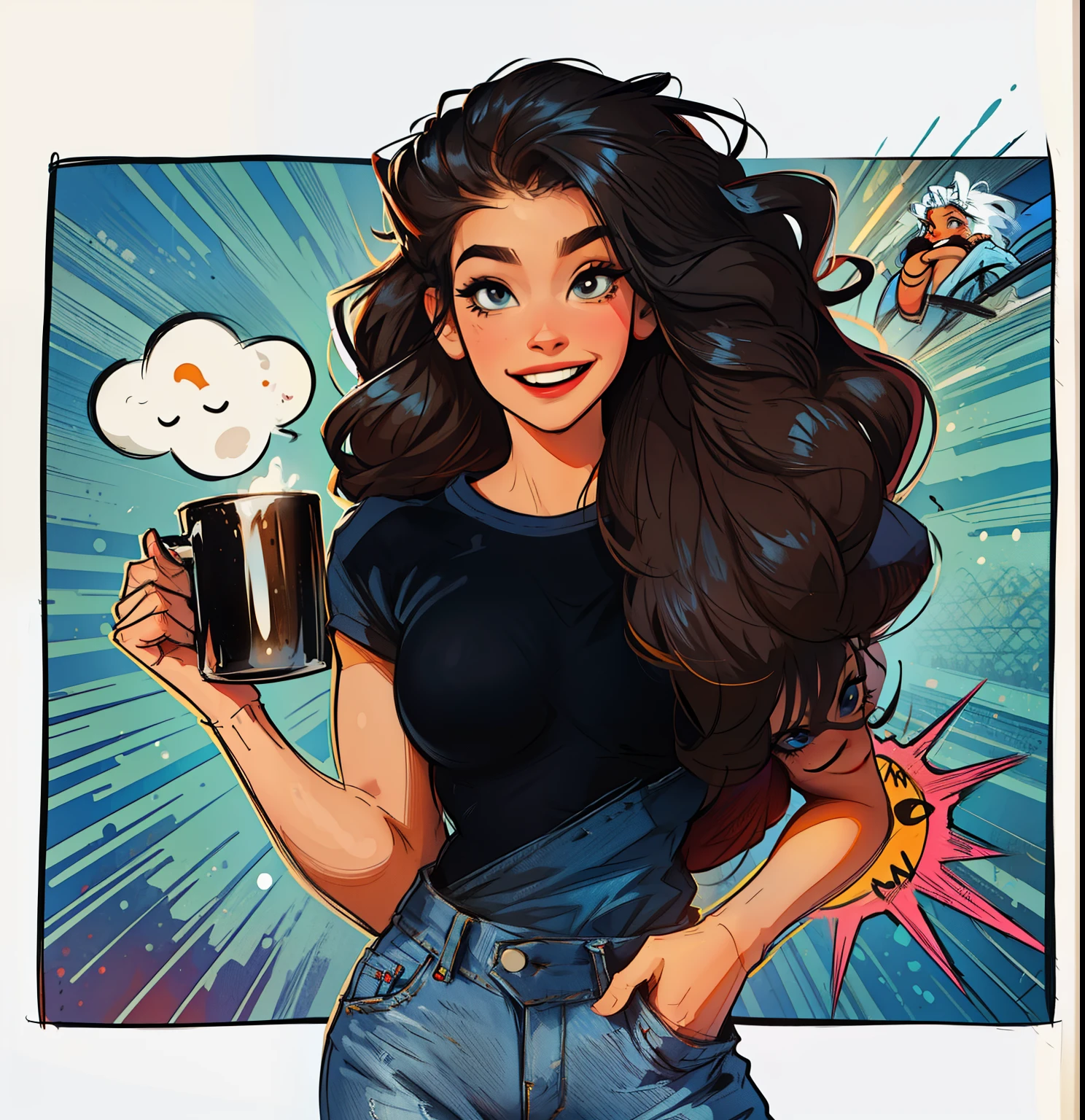 woman illustration, camisa preta, jeans, segurando uma caneca, sorrindo, fundo comic.