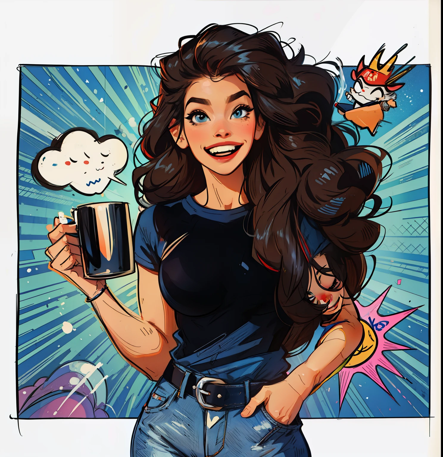 woman illustration, camisa preta, jeans, segurando uma caneca, sorrindo, fundo comic.