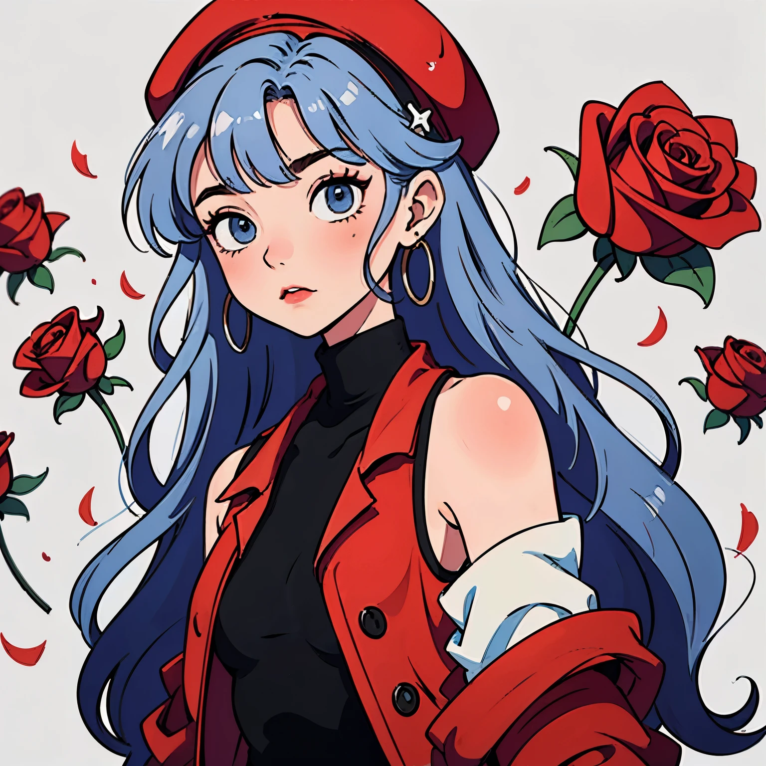 make an anime retro (90s style) , one woman with very long white hair, single braid, (wear red rose hairpin, light blue eyes, wearing red beret hat, black sleeveless turtleneck, off-shoulder red jacket), calm, white background, close up