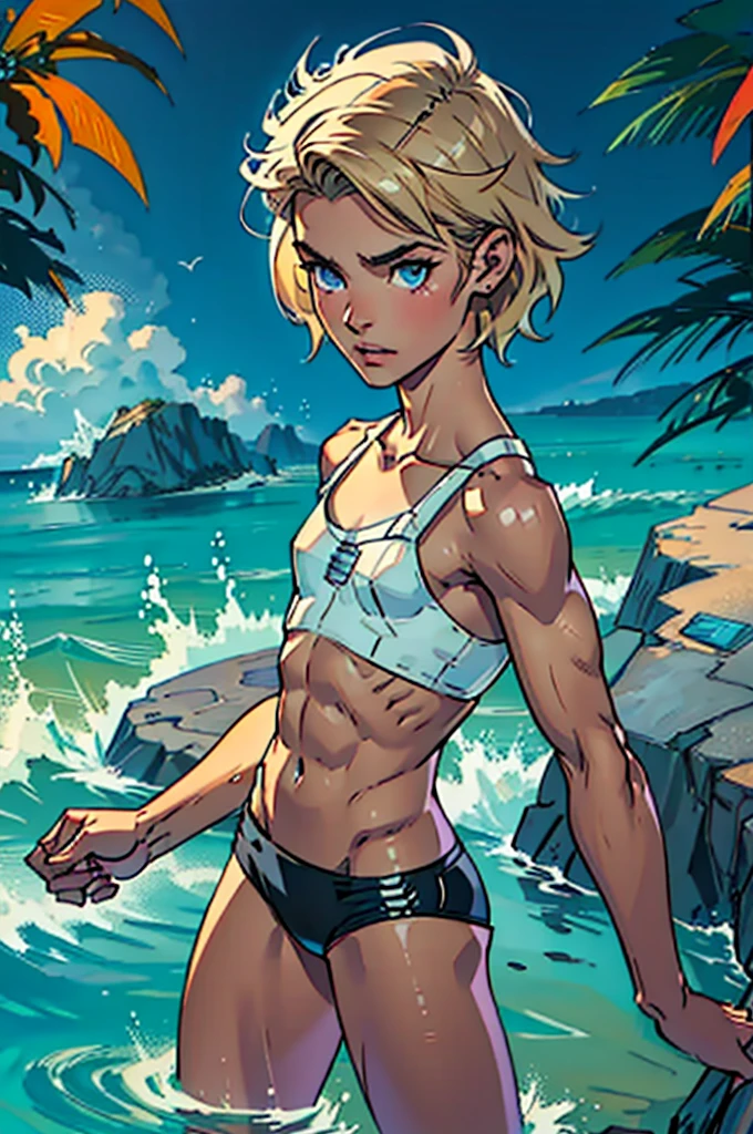 (masterpiece, high quality), 1girl, Caucasian, tomboy, slender, short spiky blonde hair, blue eyes, 9-years-old, (tropical beach background), (black panties), white crop top, strong arms, muscular thighs, ripped muscles, six pack abs, muscle arms, muscular, flat chest, hyper detailed, Intricate design, Luminous, 4K, 8K, Cinematic lighting, Contour lighting, bright, soft light