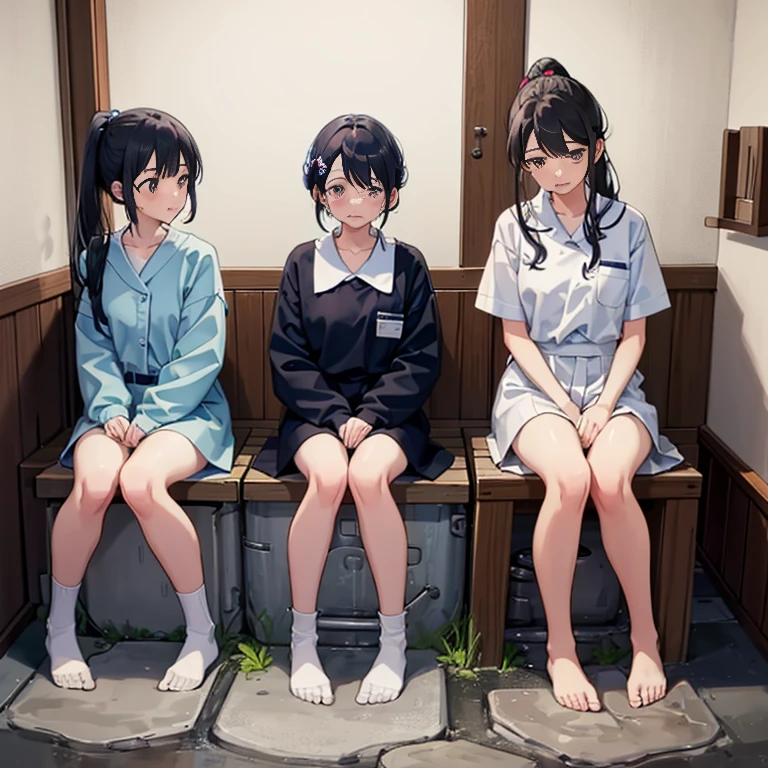 Hot spring toilet、three girls、wearing a uniform、In front of the toilet in the public hot spring、Leaking or holding back pee、black hair color、ponytail、Are crying face、blush、Tears from the eyes、spread legs、Are crying、dark blue socks、The color of the pants is light blue、Vertically aligned、Rear view、