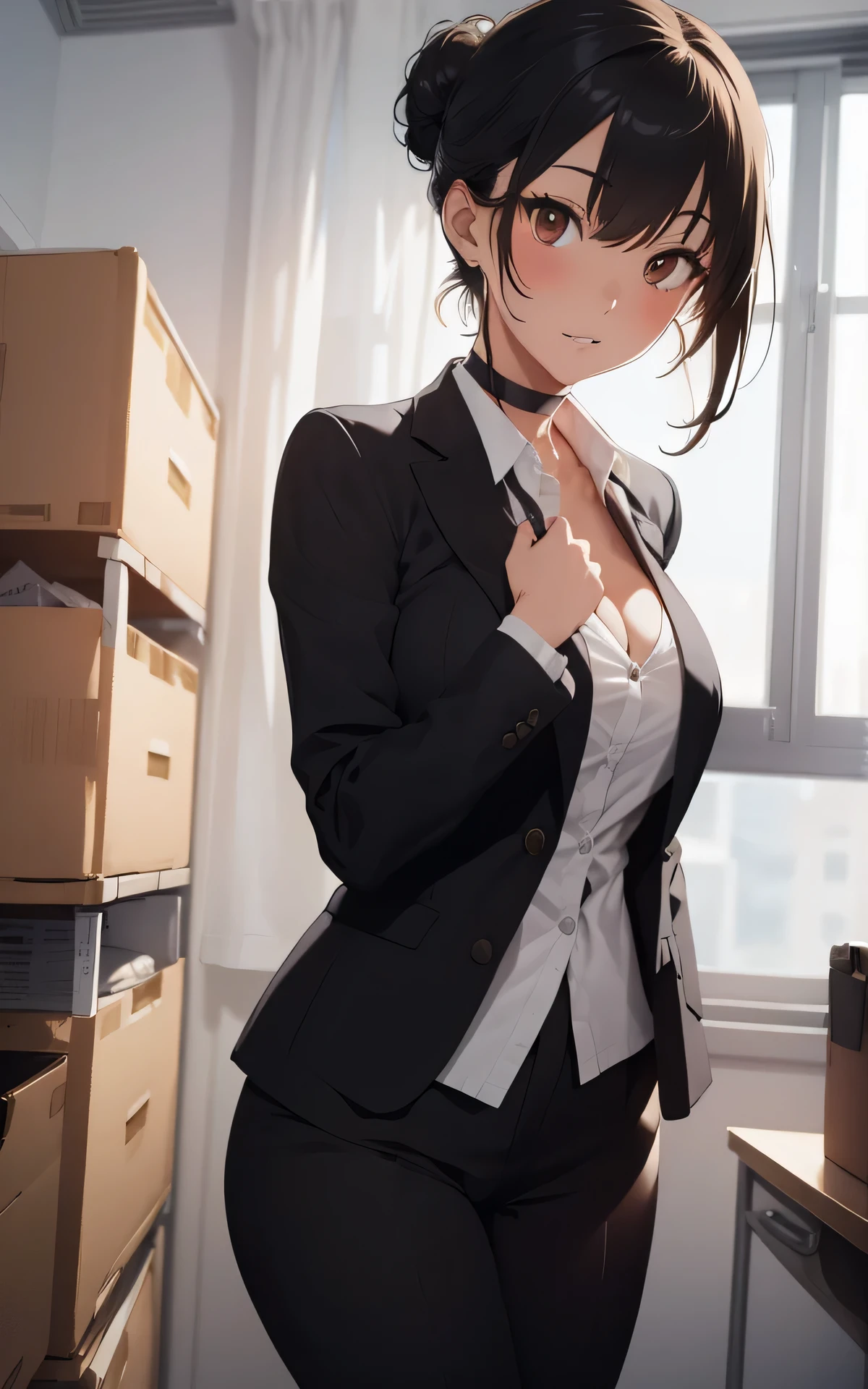 suit jacket
((sexy poseasterpiece)), (best quality), (intricate detailed), (Hyperrealistic), absurd res, perspective, highly detailed, detailed background, illustration, 1girl, perfect hands, detailed fingers, beautiful detailed eyes, perfect eyes, seductive eyes, looking at the viewer, (medium chest), milf, mature woman, brown eyes, CEO, (business outfit:1.2), pants suit, suit jacket, black choker, earrings, a woman in the office room, a white wall, ((ecstasy)), single hair bun