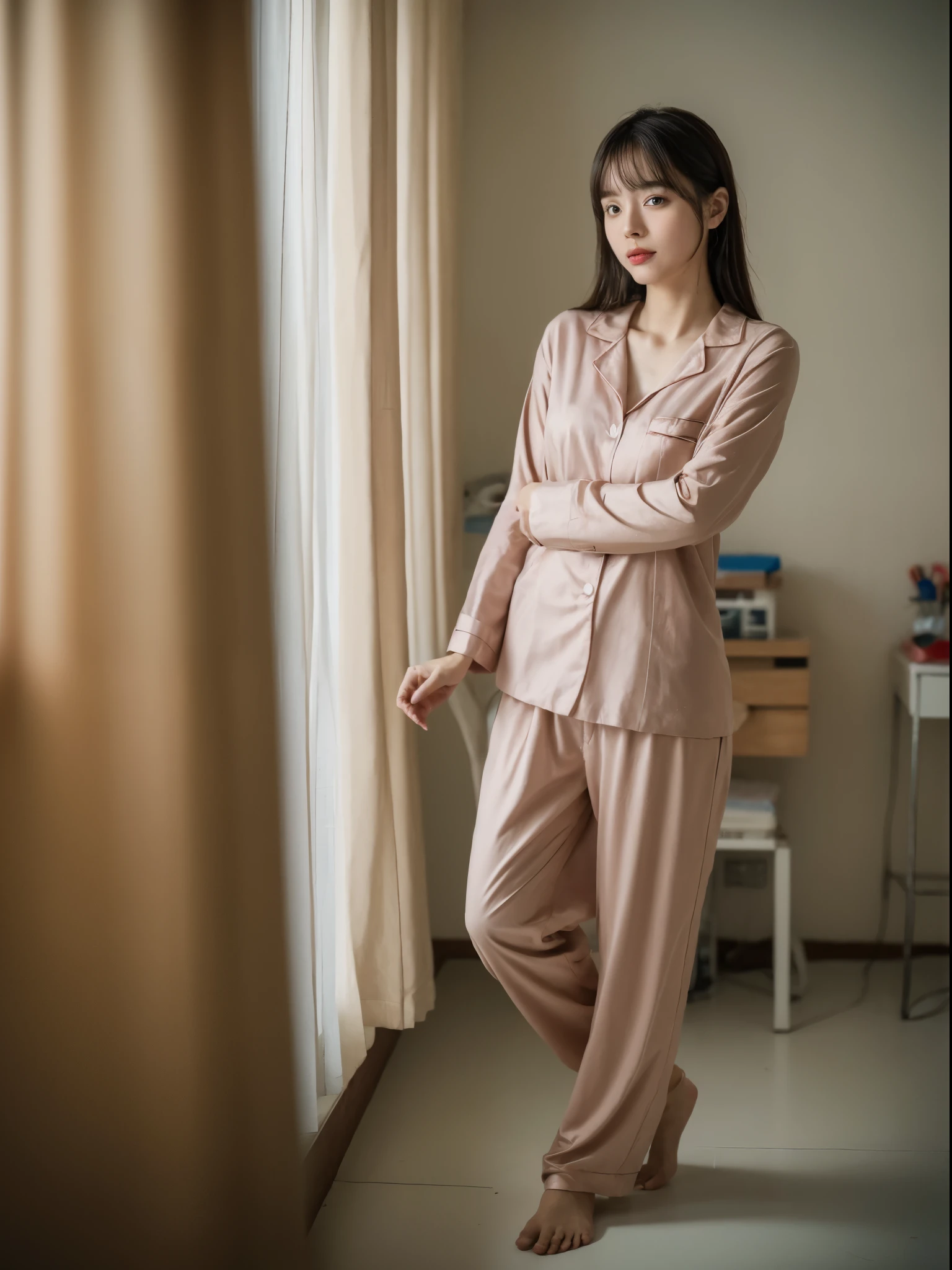 (8K, RAW photo, highest quality, masterpiece:1.2), High-definition RAW color photos, professional photos, (realistic, photo realistic:1.37), cinematic light, 1 girl、Extremely skinny、Sober pajamas、hospital room