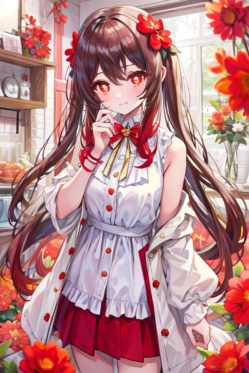 highest quality, ultra high resolution, 1 girl, sleeveless white button shirt, cute, ( long red-brown hair:1), ((puffy eyes)), look at me, whole body, Smile at me, red eyes, flower pupil, sweet, beautiful, cute, Caring, shy, Love me with all my heart, Ultra HD, A soft smile turned to me.