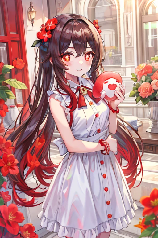 highest quality, ultra high resolution, 1 girl, sleeveless white button shirt, cute, ( long red-brown hair:1), ((puffy eyes)), look at me, whole body, Smile at me, red eyes, flower pupil, sweet, beautiful, cute, Caring, shy, Love me with all my heart, Ultra HD, A soft smile turned to me.