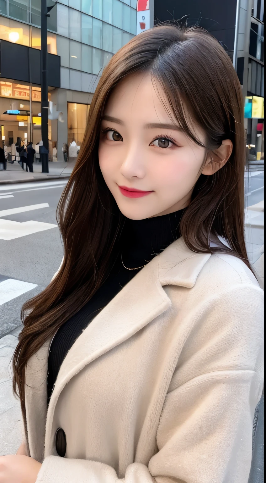 table top, highest quality, shape, Super detailed, finely, High resolution, 8k wallpaper, 完璧なダイナミックな構shape, beautiful and detailed eyes, Gorgeous and stylish black fluffy latest trend Tokyo winter clothes,ランダムなcute髪,small breasts,natural color lip, bold sexy pose,smile、20 year old girl、cute、sexy shot looking at camera,Always blur the background,perfect and beautiful face,Take only the face,beautiful and detailed face、slim face and style,Big eyes、Do gal makeup,real photos、luxury brand mink coat