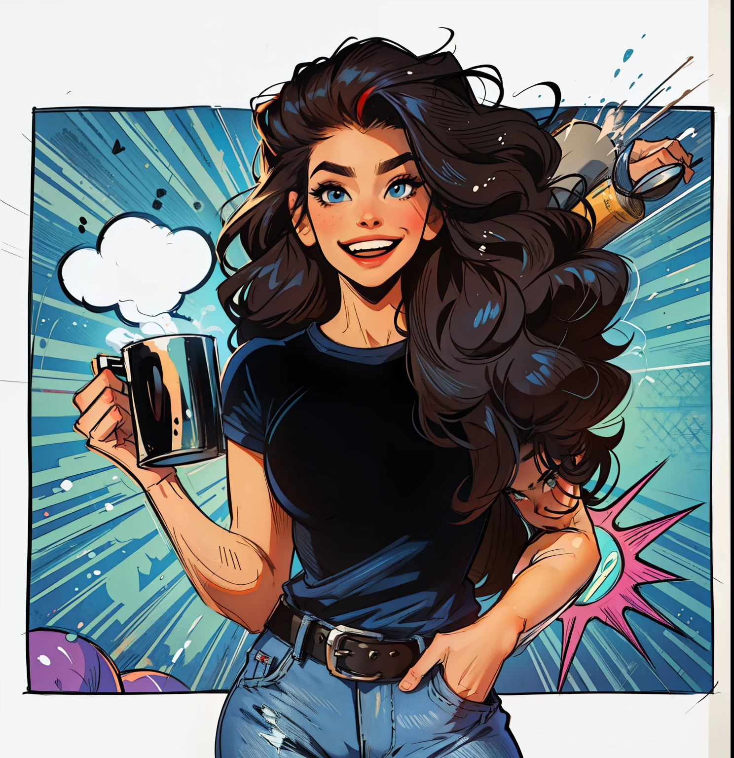 woman illustration, cabelos cacheados, camisa preta, jeans, segurando uma caneca, sorrindo, fundo comic.