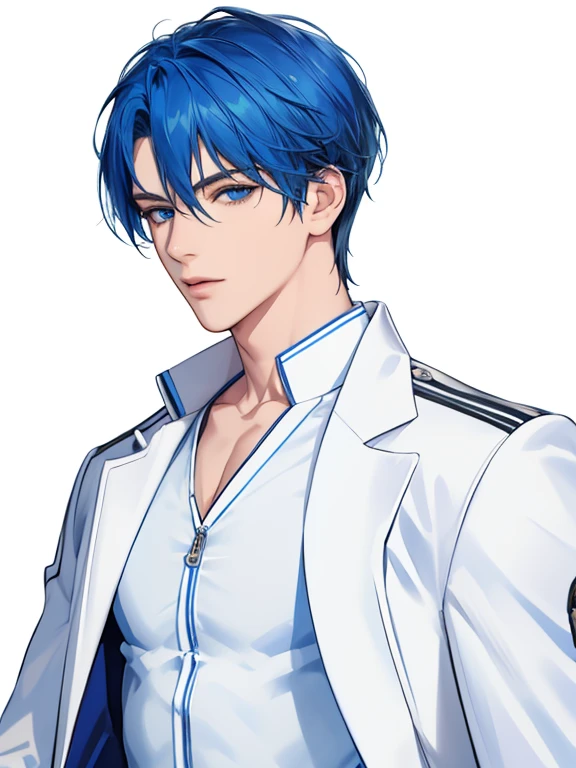 (best quality), ((masterpiece)), (highres), illustration, original, extremely detailed,1boy, male focus, solo, blue eyes, blue hair, shirt, looking at viewer, jacket, upper body, white jacket, bangs, open clothes