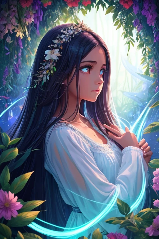 Girl long hair dark skin green eyes white clothes with details of leaves and flowers she cries tears run down her eyes , segurando uma coleira de cachorro , 8k,obra-prima,alta qualidade, estilo desenhos animados,Figura da paz,linhas de trabalho,illustration,Q version,Under the tree,Sente-se e coma caqui, neon lights in the background, magical world fantasy mystical