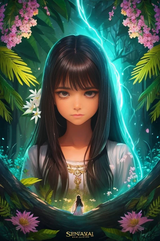 Girl long hair dark skin green eyes white clothes with details of leaves and flowers she cries tears run down her eyes , segurando uma coleira de cachorro , 8k,obra-prima,alta qualidade, estilo desenhos animados,Figura da paz,linhas de trabalho,illustration,Q version,Under the tree,Sente-se e coma caqui, neon lights in the background, magical world fantasy mystical