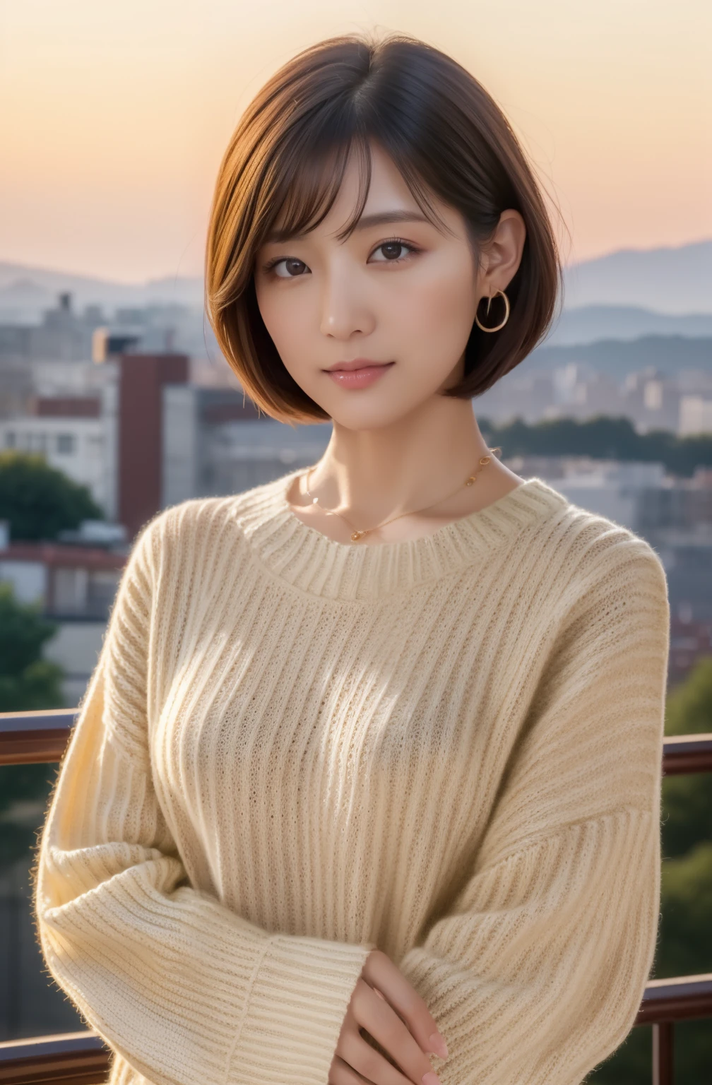 (highest quality, 8k, 32k, masterpiece, Ultra-high resolution:1.2),Beautiful Japanese Women Photos, Large Breasts, very short bob hair,whole body,White sweater, necklace, Simple Background, From above, View audience,smile、（In front of the fountain in the park：1.2）、（sunset：1.4）