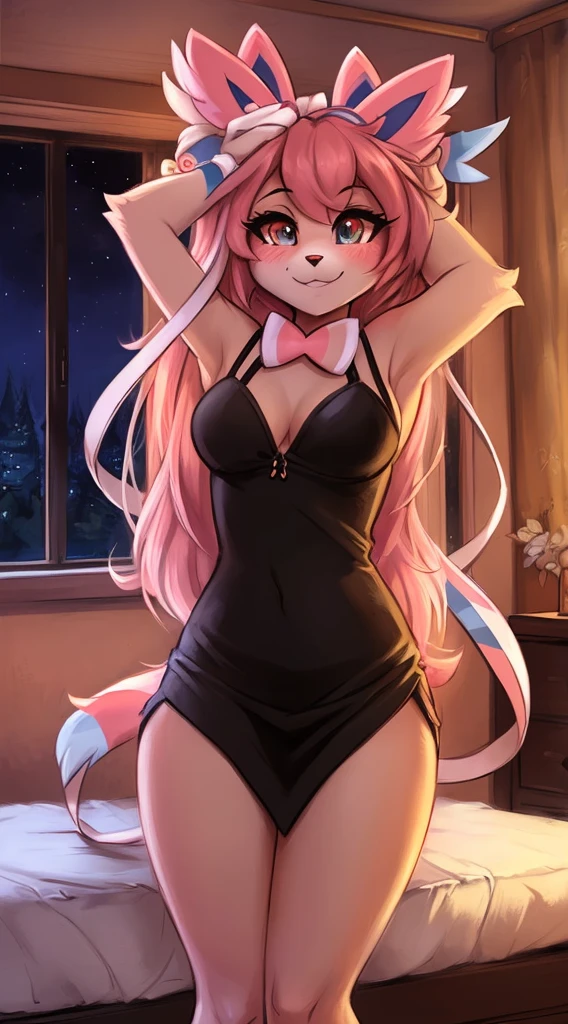 by fluff-kevlar, by Zackary911, by Kenket, by Kilinah, by fluff-kevlar, (((Sylveon, woman, breasts, antrum, extremely detailed, extremely detailed legs, extremely detailed arms, extremely detailed face, perfectly detailed eyes, perfectly detailed anatomy))): 1.2, solo, perspective, curved thighs, huge thighs, curvature, looking over the viewer over the shoulder with embarrassed smile, (tail), bedroom, night, blackout, standing, arms up ((arms tied)), bondage, tied body, totally blushed, nervous, black bikini, bdsm, long hair, sexy naked, голая грудь, маленькие сиськи, в юбке школьницы, sexy dress