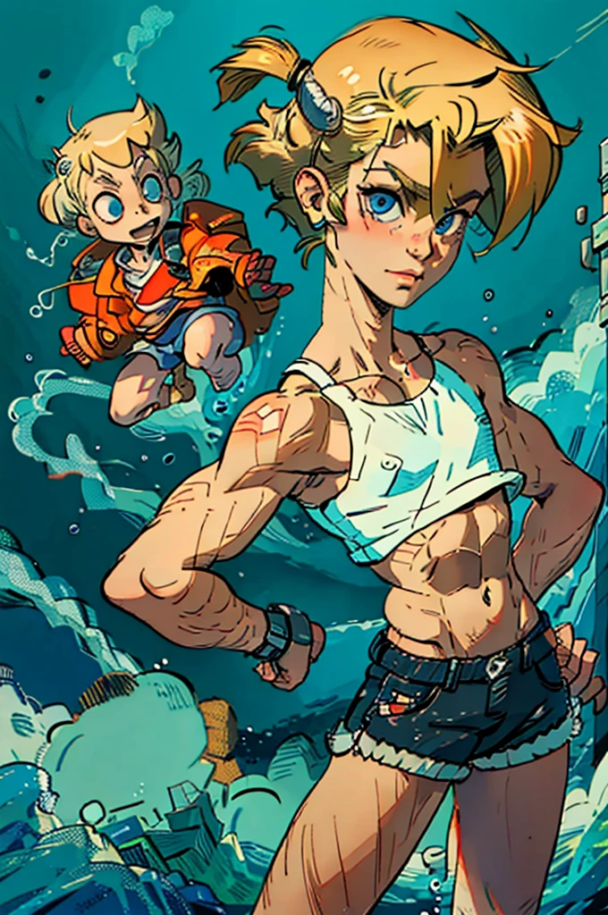 (masterpiece, high quality), 1girl, Caucasian, tomboy, slender, short spiky blonde hair, blue eyes, 9-years-old, (tropical beach background), (black panties), white crop top, strong arms, muscular thighs, ripped muscles, six pack abs, muscle arms, muscular, flat chest, hyper detailed, Intricate design, Luminous, 4K, 8K, Cinematic lighting, Contour lighting, bright, soft light