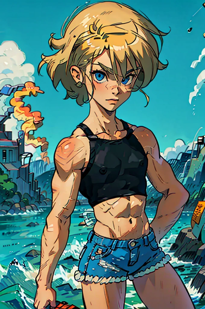 (masterpiece, high quality), 1girl, Caucasian, tomboy, slender, short spiky blonde hair, blue eyes, 9-years-old, (tropical beach background), (black panties), white crop top, strong arms, muscular thighs, ripped muscles, six pack abs, muscle arms, muscular, flat chest, hyper detailed, Intricate design, Luminous, 4K, 8K, Cinematic lighting, Contour lighting, bright, soft light