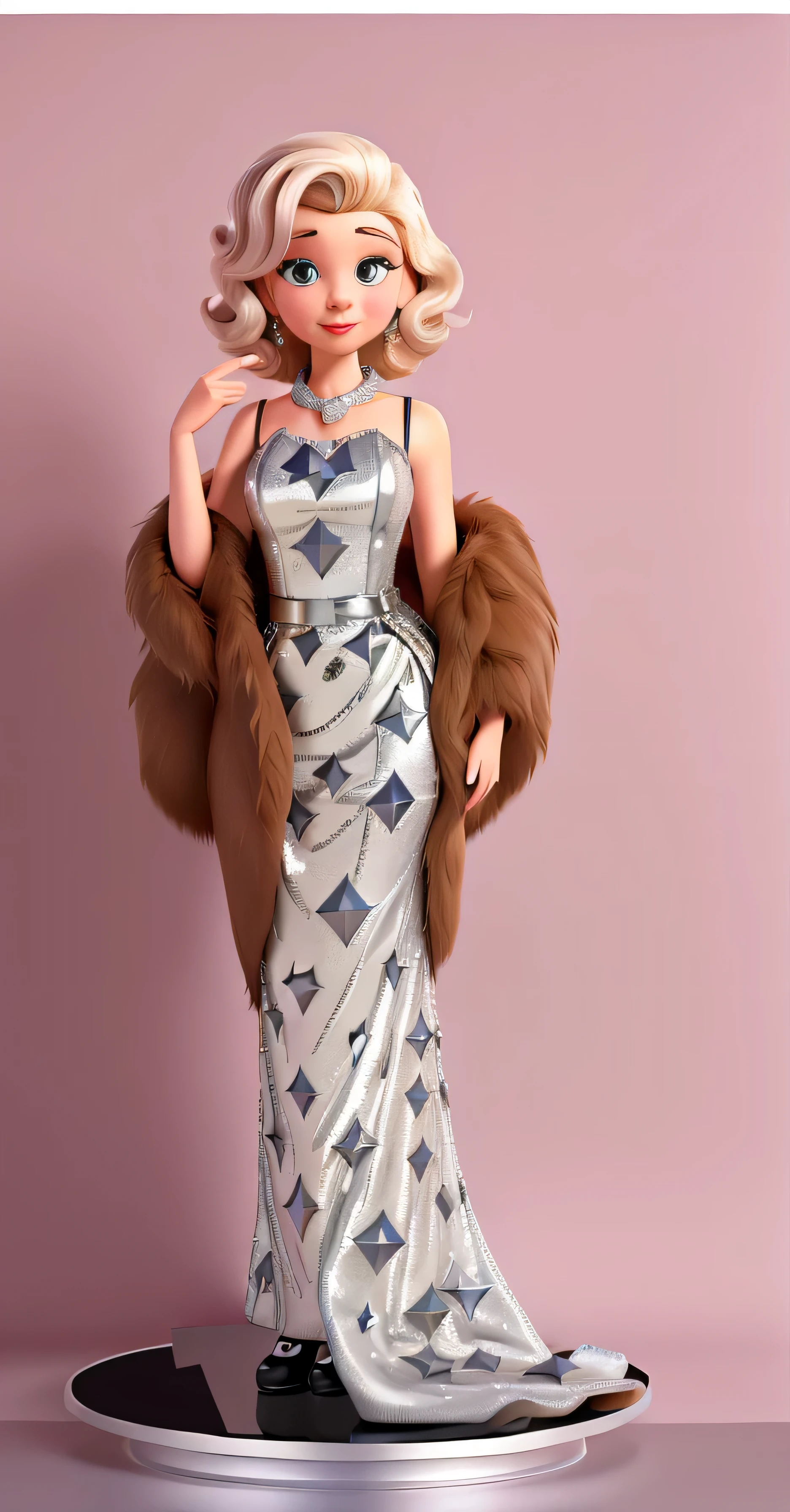 PIXAR, DISNEY, ultra realistic, 8k,The image features a Marylin Monroe doll wearing a silver sequin dress, apoiado em um pedestal branco. The combination of dress and coat creates a stylish and sophisticated look