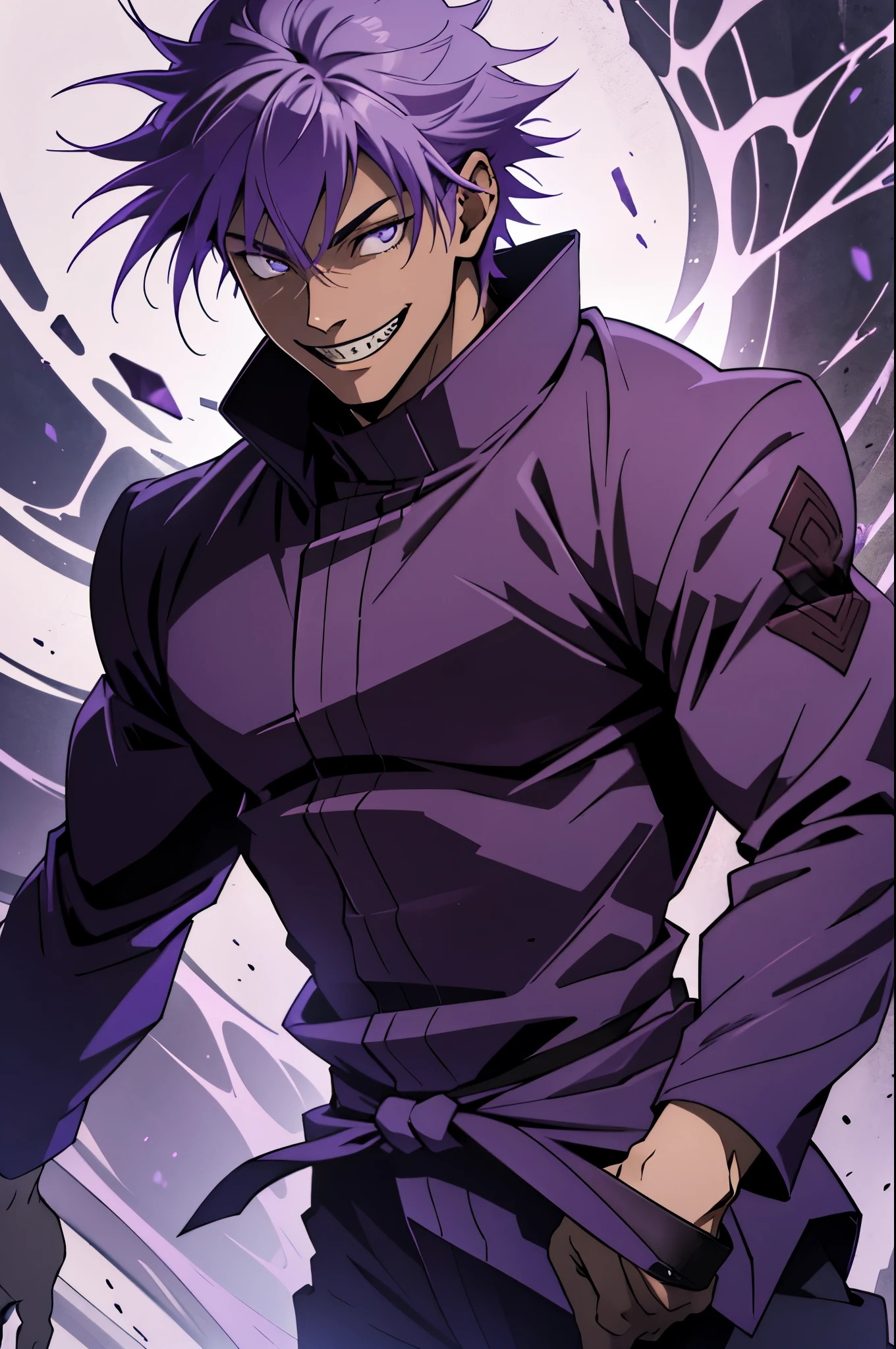 Black young man, jujutsu sorcerer uniform, Purple hair, medium hair, defined, beautiful, purple eyes, Open smile, sharp teeth,