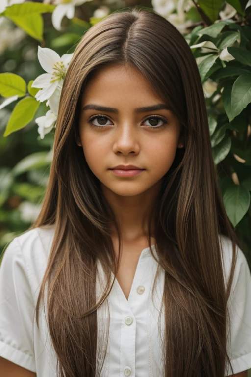 Girl long hair, light brown skin, green eyes, white clothes with details of leaves and flowers, she cries, tears run down her eyes , segurando uma coleira de cachorro , 8k,obra-prima,alta qualidade