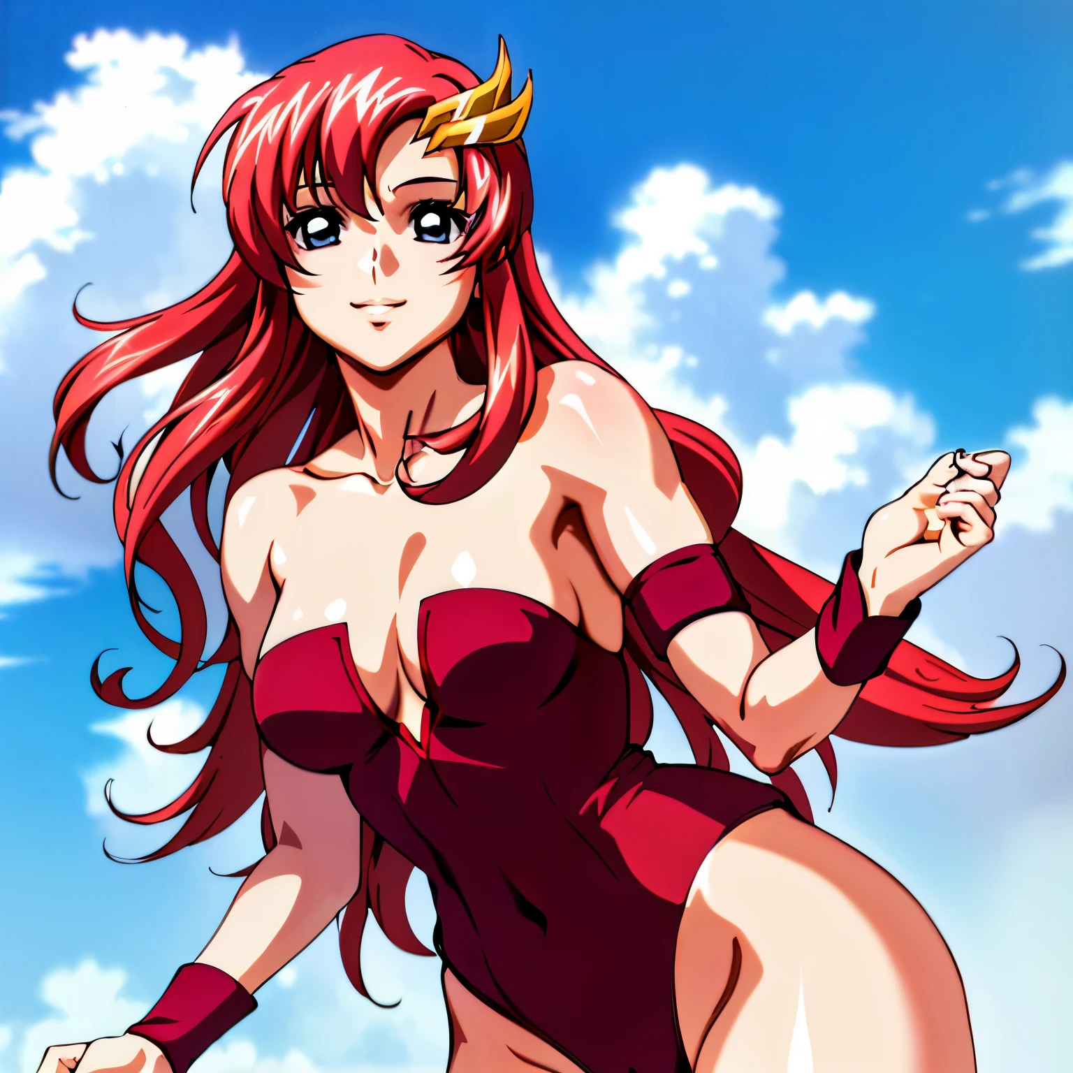 lacus4, 1 girl, hands on stomach, (masterpiece, strapless, (very slim shoulders), 4K, Best Quality, Anime style: 1.9, happy, Adult Woman, (ultra detailed head), (cloud background, white skin), Drawing lines, high resolution, lacus4), 1girl, Solo, curvy figure, Long hair, 鎖骨, scapular, (Detailed wide hair bangs, Hair Ornament, Detailed reddish-pink hair, shiny streaks, slim arms, detailed golden crest), cleavage, large hands, (hair cover shoulders). (Big blue eyes, shiny eyes), ((female wrestler, (slim body), little biceps, slim arms, closed fists, thighs)), ((perfect proportions, medium breasts, long belly)), (((very tight leotard, crimson strapless leotard, red arm band, neck band))), smile, (standing, hot colors), detailed fingers, (bare shoulders)
