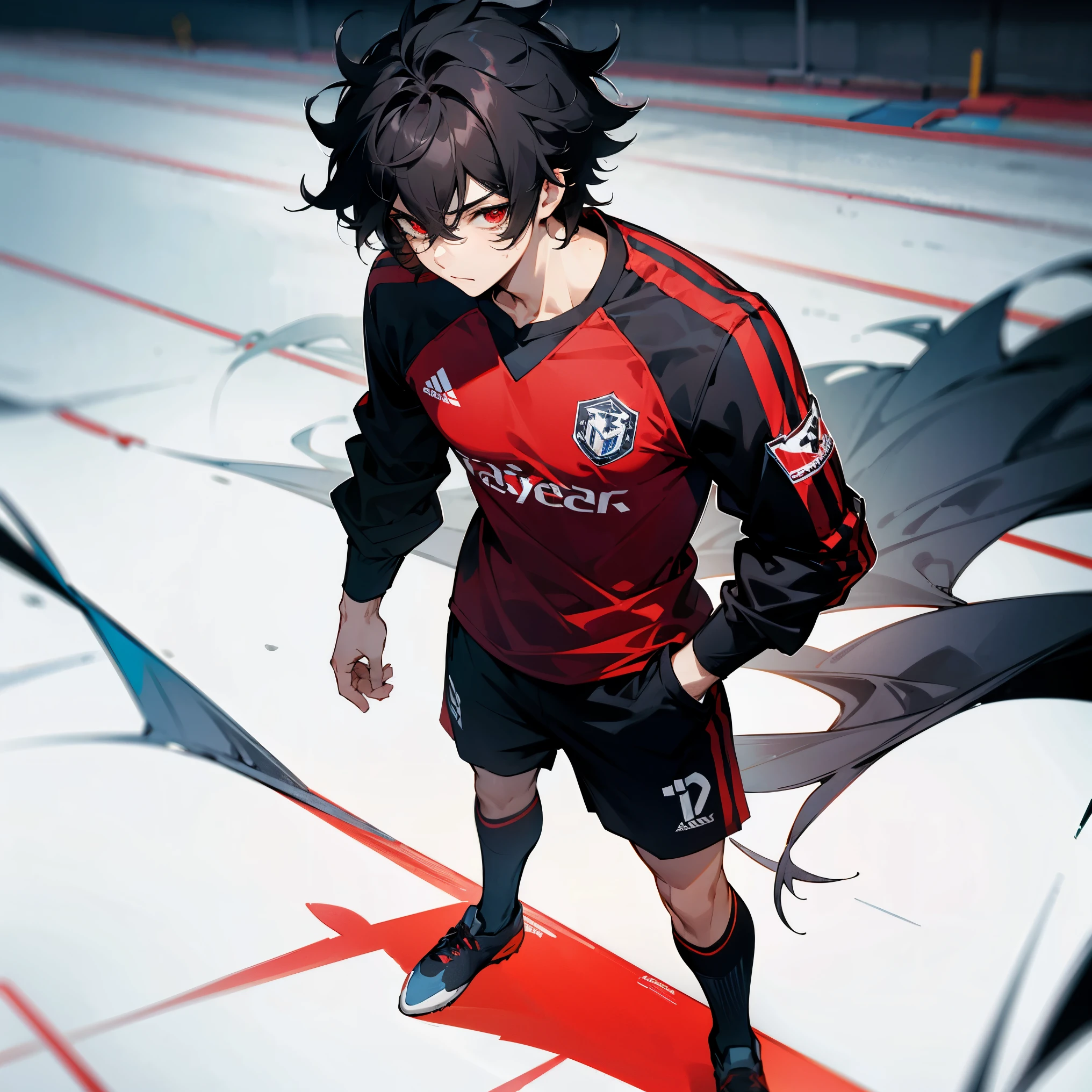 1male ,Messy Hair , Black Hair , Young Male , Soccer Jersey , Long Sleeves , Red Eyes , Muscular , Standing on soccer field