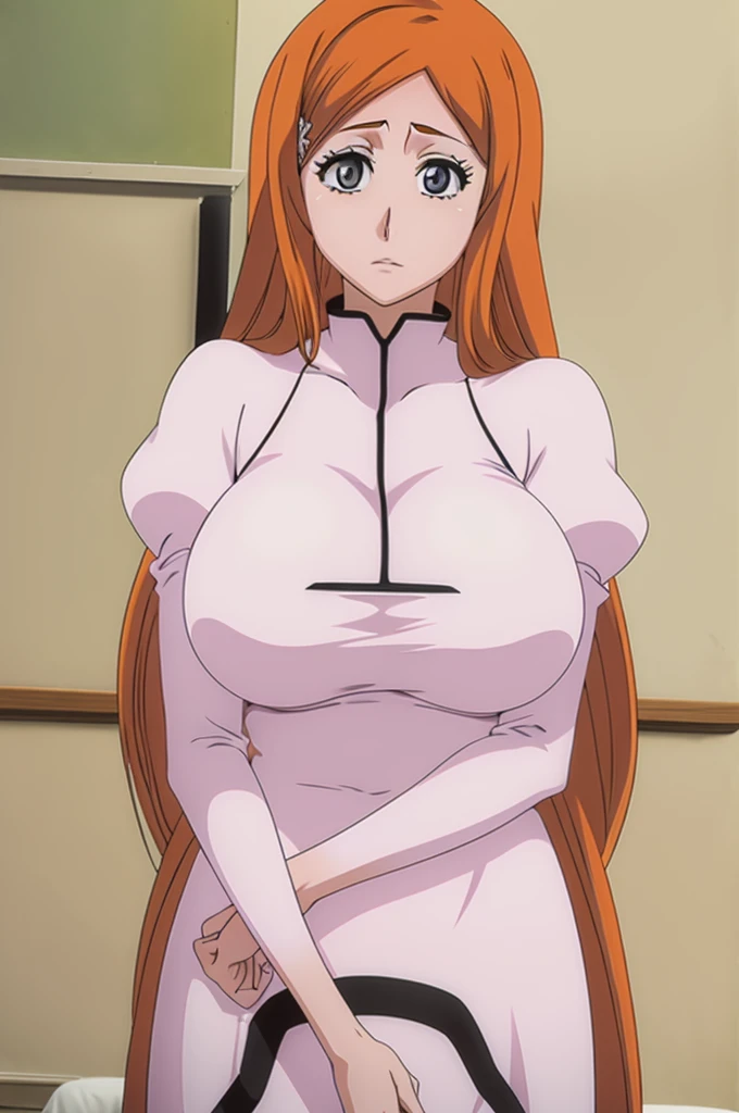 bride Inoue Orihime in an extremely tight wedding dress, with her huge_breasts in church, best quality, hentai pose, detailed face,detailed breasts, detailed eyes, highres