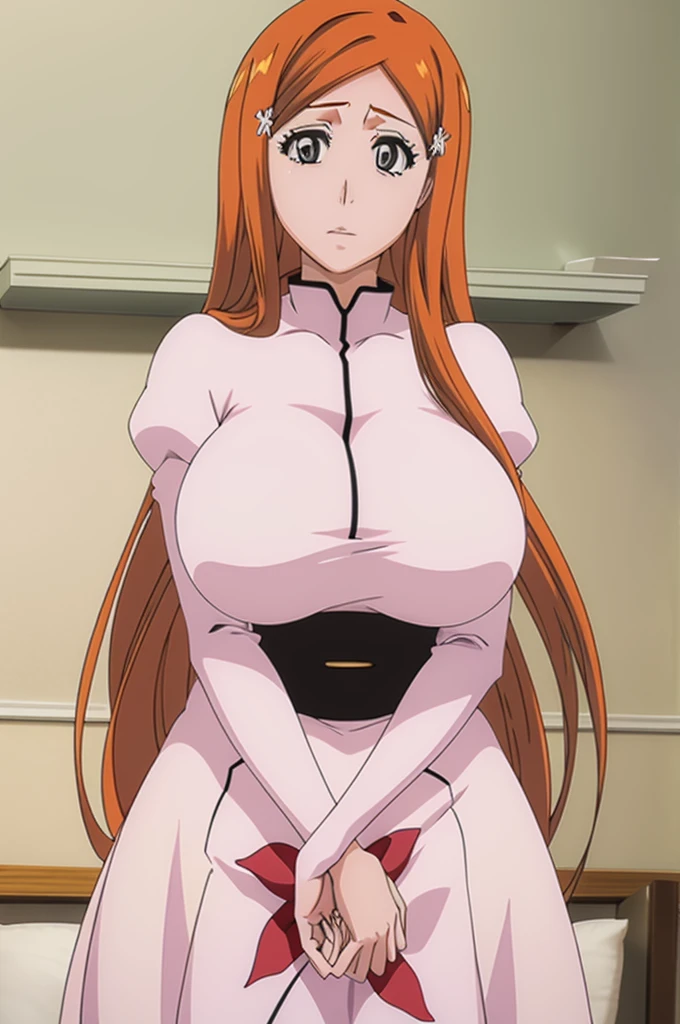 bride Inoue Orihime in an extremely tight wedding dress, with her huge_breasts in church, best quality, hentai pose, detailed face,detailed breasts, detailed eyes, highres