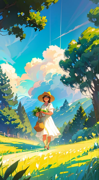 An old farmer in a straw hat, walking on the winding path of the countryside, big clouds, blue sky, rice fields, neat rice seedlings in the fields, forest, hillside, secluded, countryside, HD detail, hyper-detail, cinematic, surrealism, soft light, deep field focus bokeh, ray tracing and surrealism. uninhabited --v6