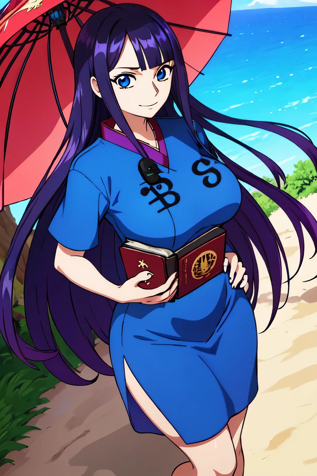 (((One Piece female character))), (Full body), (unicolor background), (((Ultra long hair))), (((Tricolor hair: black, purple, dark red))), (( long hair touches the floor)), (((electric blue eyes))), (((two moles under the left eye))), (((moles under the eye))), (((pale skin))) , ((sly smile)), (((Sexy and defined body))), (((qipao suit))), ((shows legs)), (((fishnet stockings))), (((blindfolded eyes) ))), (((big breasts))), (wide hips), (((holds umbrella in hand))), (((blindfold)))(((ultra mega long hair))), (((covered eyes))), (((defined bangs))) (((very defined details)))(((well-done drawing and illustration)))(((masterpiece))), ((( long hair 1.95 cm)))(((ultra, mega, iper, long hair))),(((Rapunzel))), (((Rapunzel style hair)))(((high quality)))( ((Detailed hands))), well-made hands, (((Very well-defined details, very detailed, mega detailed)))(((style of eiichiro oda shueisha style one peace books style a1 pictures style))).