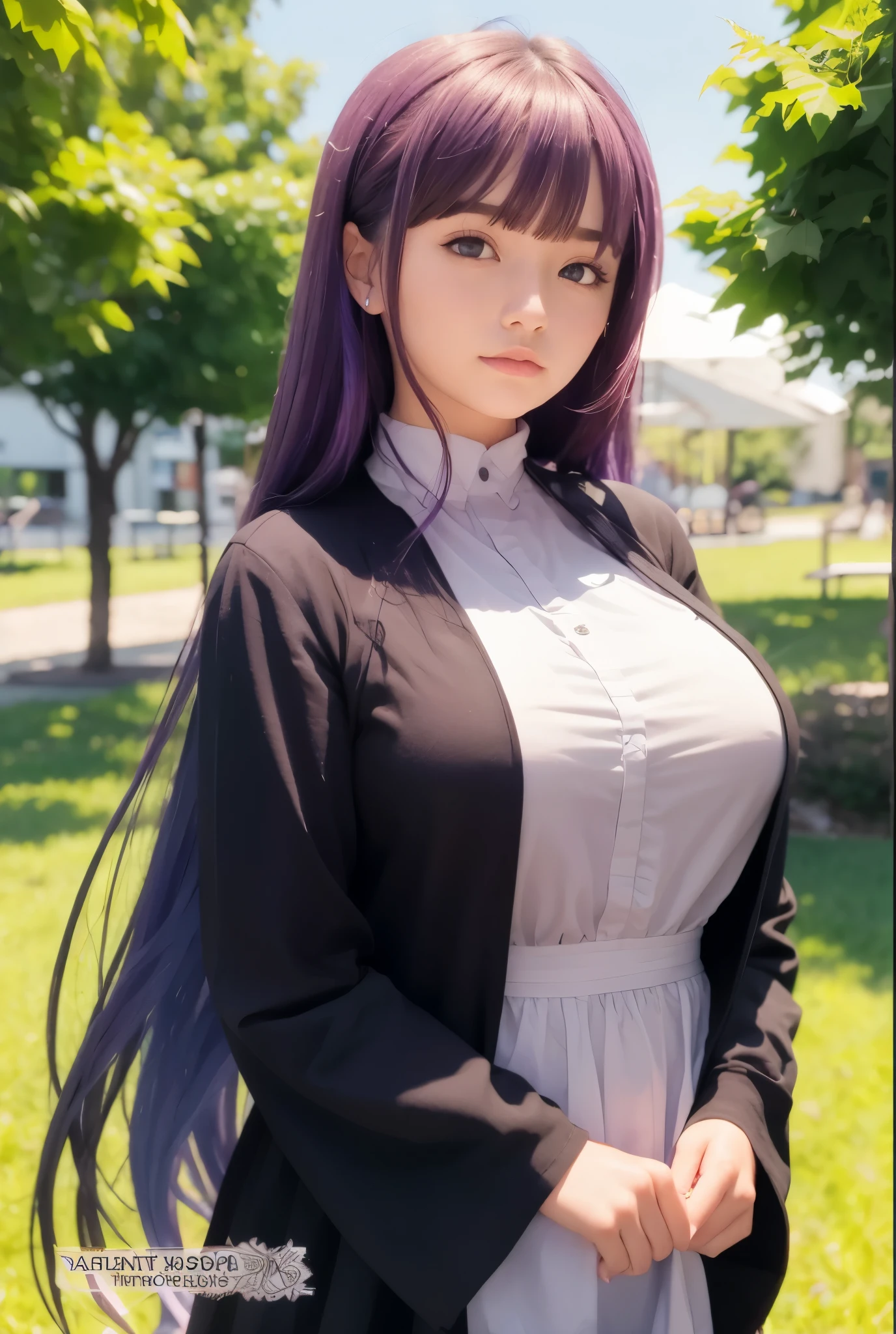 cute girl,age 18,name fern,purple hair,wearing black dress,8k,masterpiece