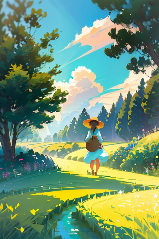 An old farmer in a straw hat, walking on the winding path of the countryside, big clouds, blue sky, rice fields, neat rice seedlings in the fields, forest, hillside, secluded, countryside, HD detail, hyper-detail, cinematic, surrealism, soft light, deep field focus bokeh, ray tracing and surrealism. uninhabited --v6