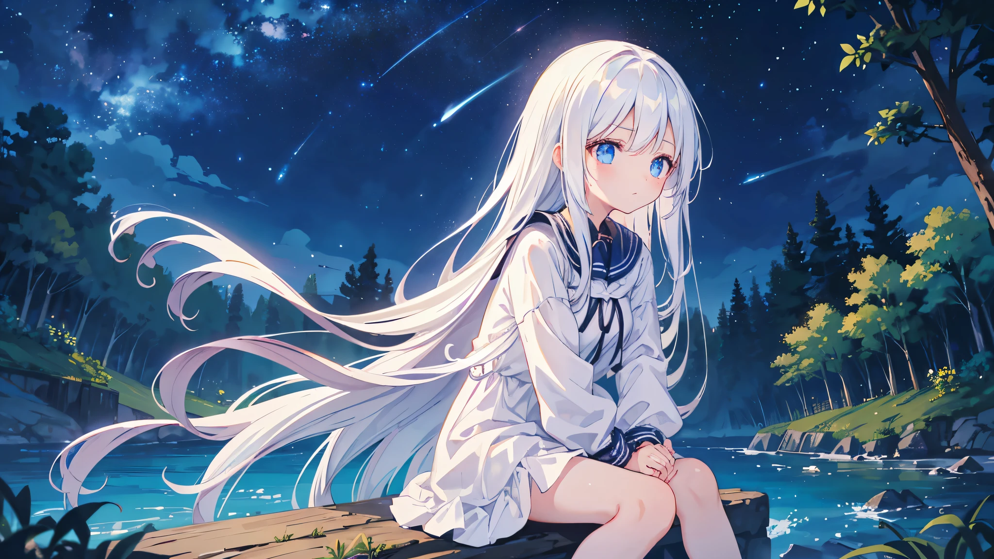 Very dark night, Stars in the sky, River,low forest, is sitting, Hugging your legs, One cute anime girl, white long hair , Blue eyes, white clothes, there are small holes in the clothes, Dirty clothes, looks thoughtful, Girl looking at the stars.