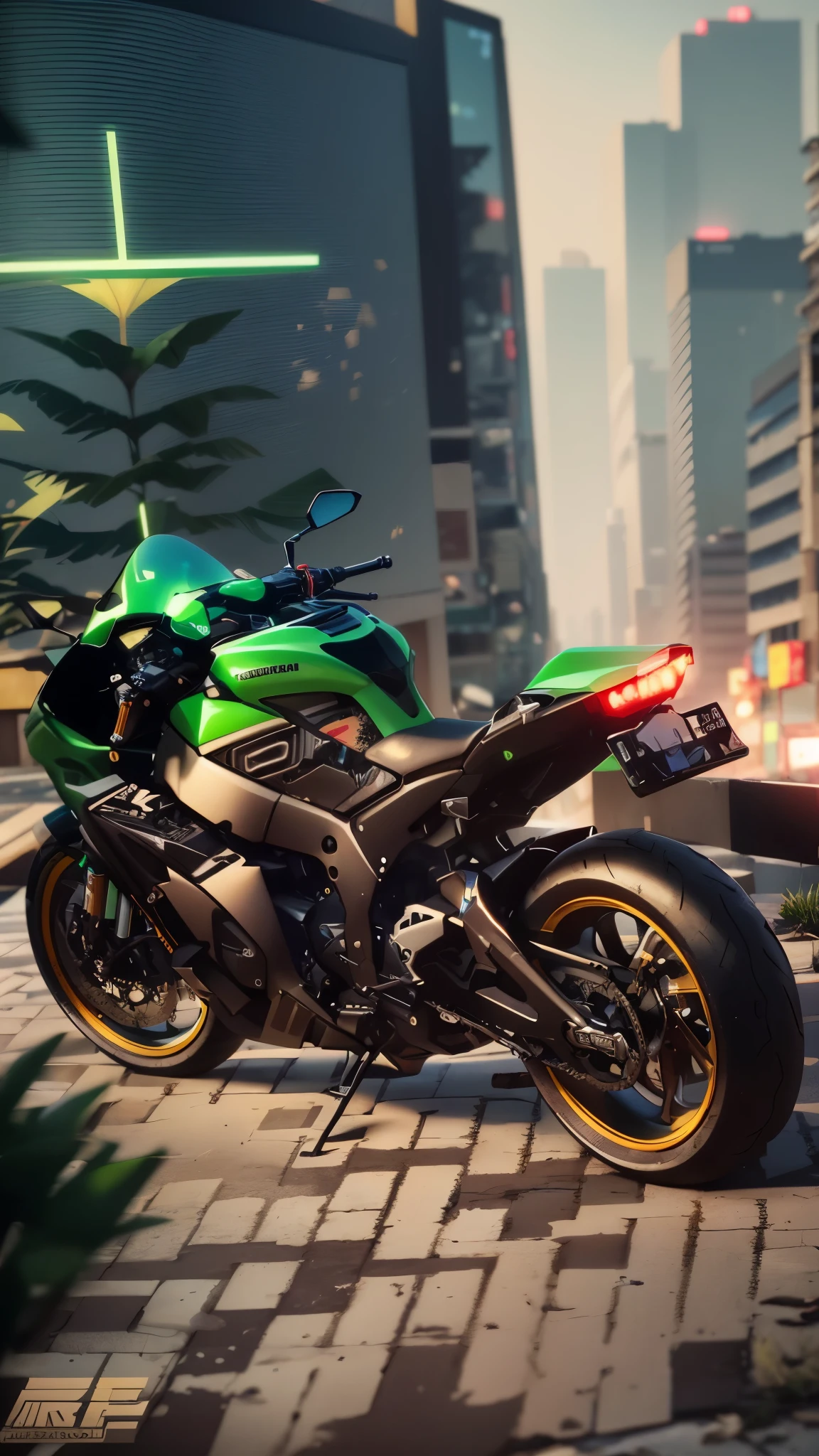 (Cyberpunk) ,there is a green motorcycle parked on a brick road, gradient black green gold, nd4, nd 4, kawasaki, from 8 k matte, rear shot, mk ninja, rear-shot, unreal enging, hyper realistic”, hyper realistic ”, great masterpiece, wide screenshot, unreal engin, metalic green, front side full, kodakchrome : : 8 k