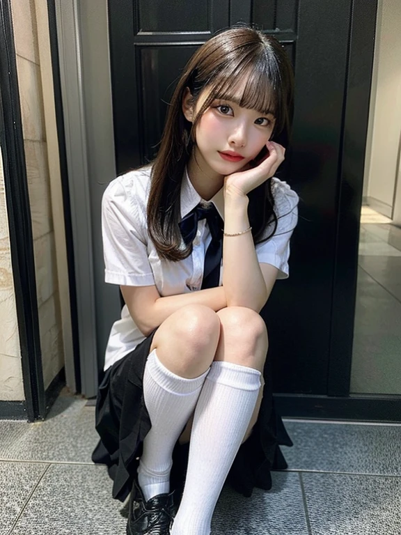 ((masterpiece)), (realistic: 1.2) masterpiece, 最high quality, high quality，white skin, 最high quality, ultra detail,Mature，beautiful, black hair， long hair， With bangs，school uniform，big breasts ，knee socks，10th generation，Bewitching，foot，full body pose, very detailed，High resolution, parted lips