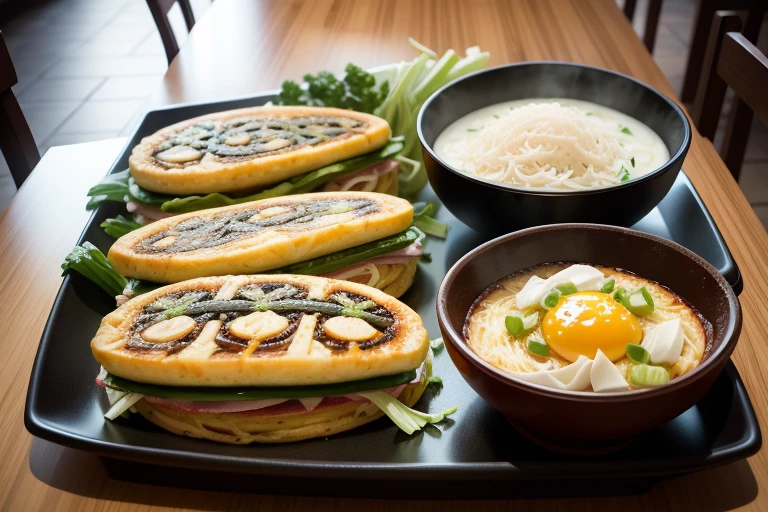 Generate realistic looking and appetizing okonomiyaki images, In the center, thick dough is spread abundantly, Ingredients such as cabbage and green onions are thoroughly mixed, On top of the dough, The sauce for coloring the okonomiyaki is dripping, Next to it is a little squeezed mayonnaise, There are bright tables and plates around, Create an appetizing atmosphere, raw photo, real,