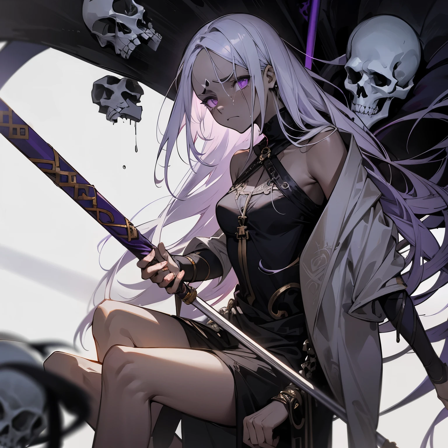 female god of death and the underworld, white hair, purple eyes, dark grey brown skin, roman stola, staff, skulls and crossbones, hell, depressed, sad, tired, knees bent, depressing, crying, tired