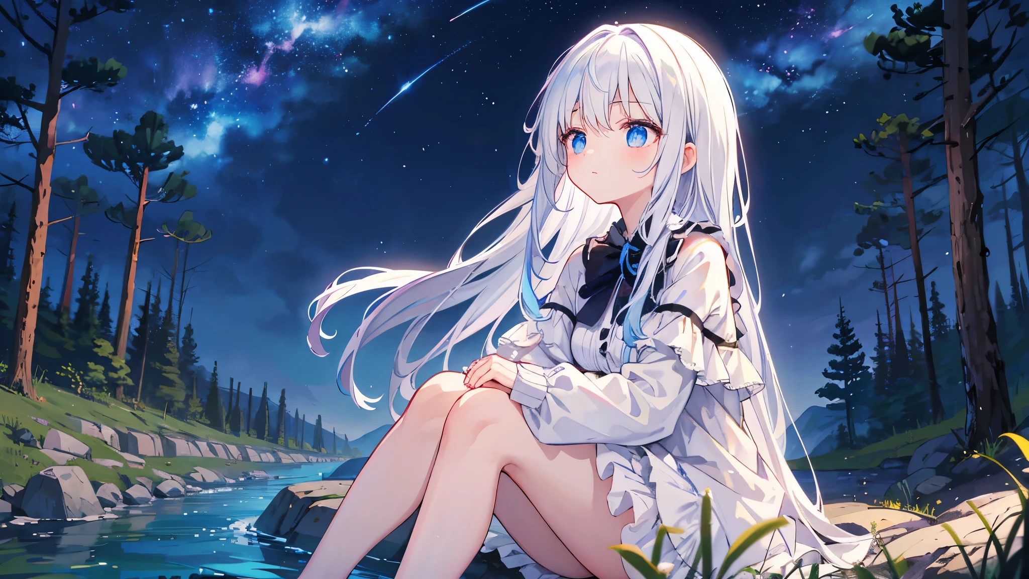 A very dark night, Stars in the sky, there is a very narrow and uneven river nearby, dark low forest, A cute anime girl sits far away on the bank of a river, hugging her legs., one character, the girl has long white hair , blue eyes, anime girls have white clothes, clothes have a little holes, Dirty clothes, anime girl looks thoughtfully, head raised to the sky, girl looks up at the stars.