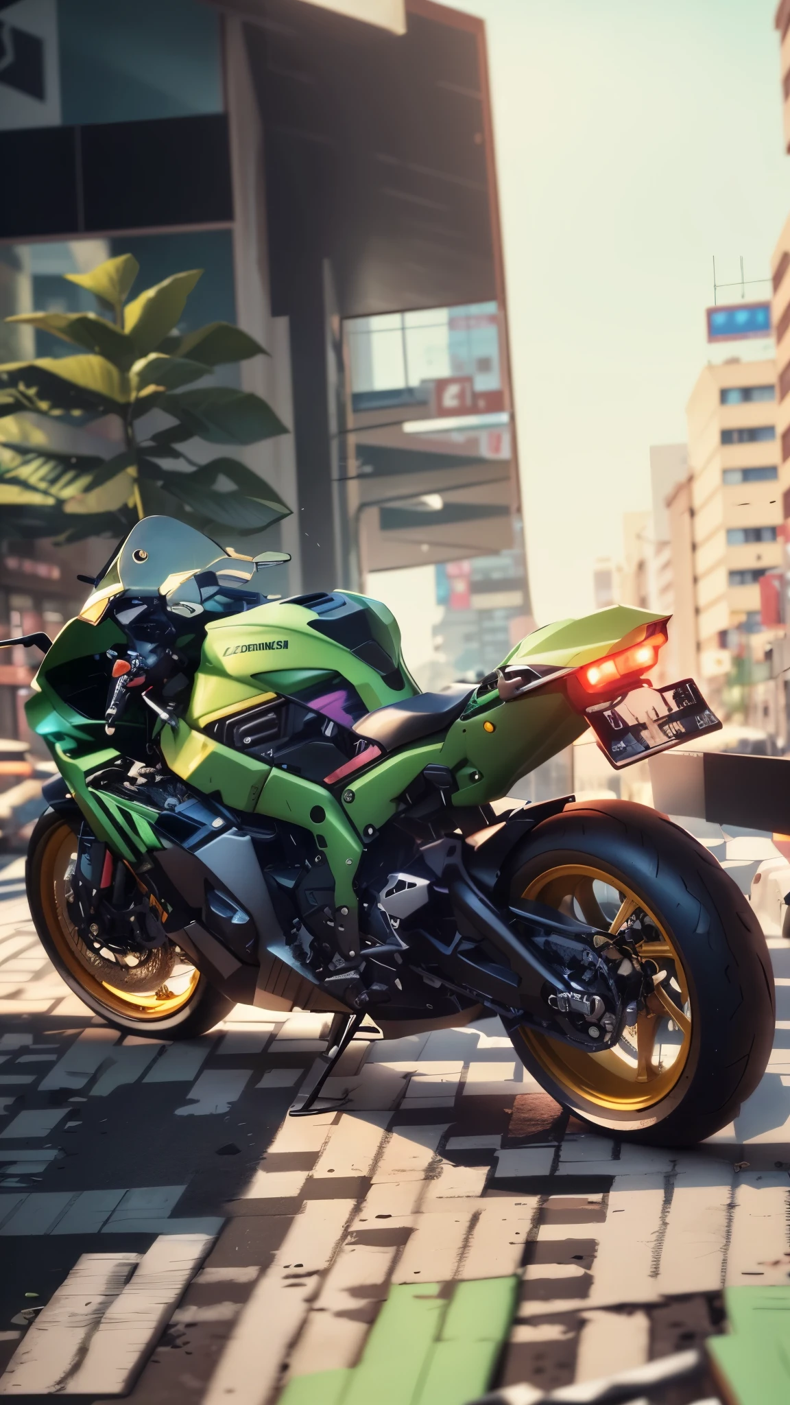 (Cyberpunk) ,there is a green motorcycle parked on a brick road, gradient black green gold, nd4, nd 4, kawasaki, from 8 k matte, rear shot, mk ninja, rear-shot, unreal enging, hyper realistic”, hyper realistic ”, great masterpiece, wide screenshot, unreal engin, metalic green, front side full, kodakchrome : : 8 k