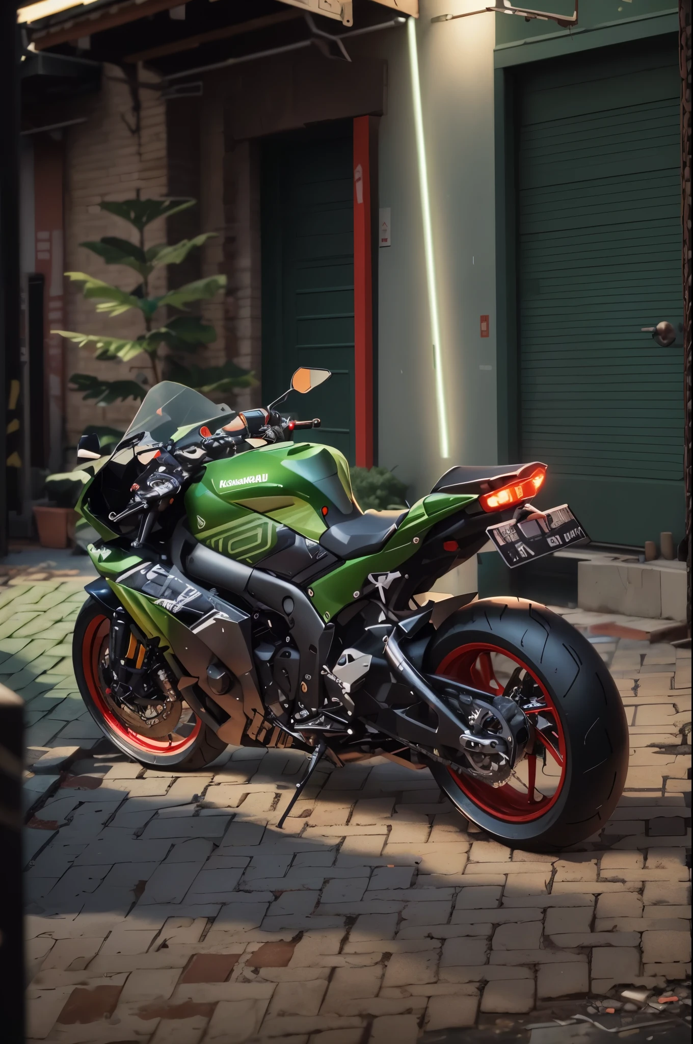 (Cyberpunk) ,there is a green motorcycle parked on a brick road, gradient black green gold, nd4, nd 4, kawasaki, from 8 k matte, rear shot, mk ninja, rear-shot, unreal enging, hyper realistic”, hyper realistic ”, great masterpiece, wide screenshot, unreal engin, metalic green, front side full, kodakchrome : : 8 k